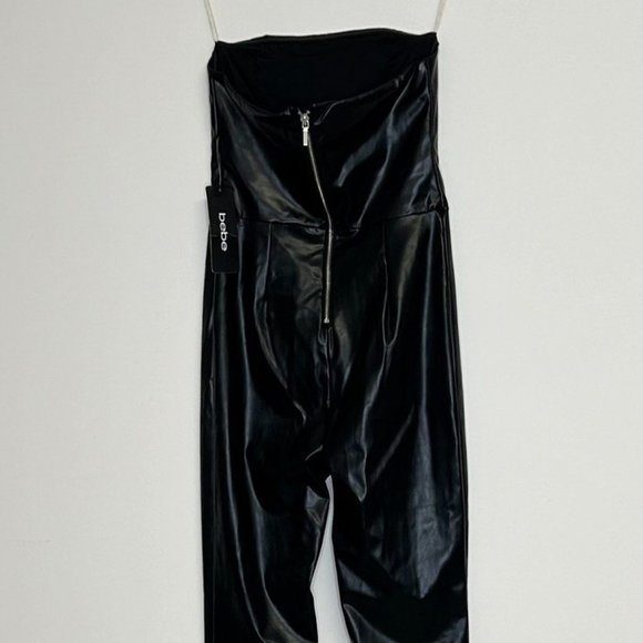 bebe WOMENS Split Hem Strapless Vegan Leather Jumpsuit Sz. S *NWT - Picture 4 of 7